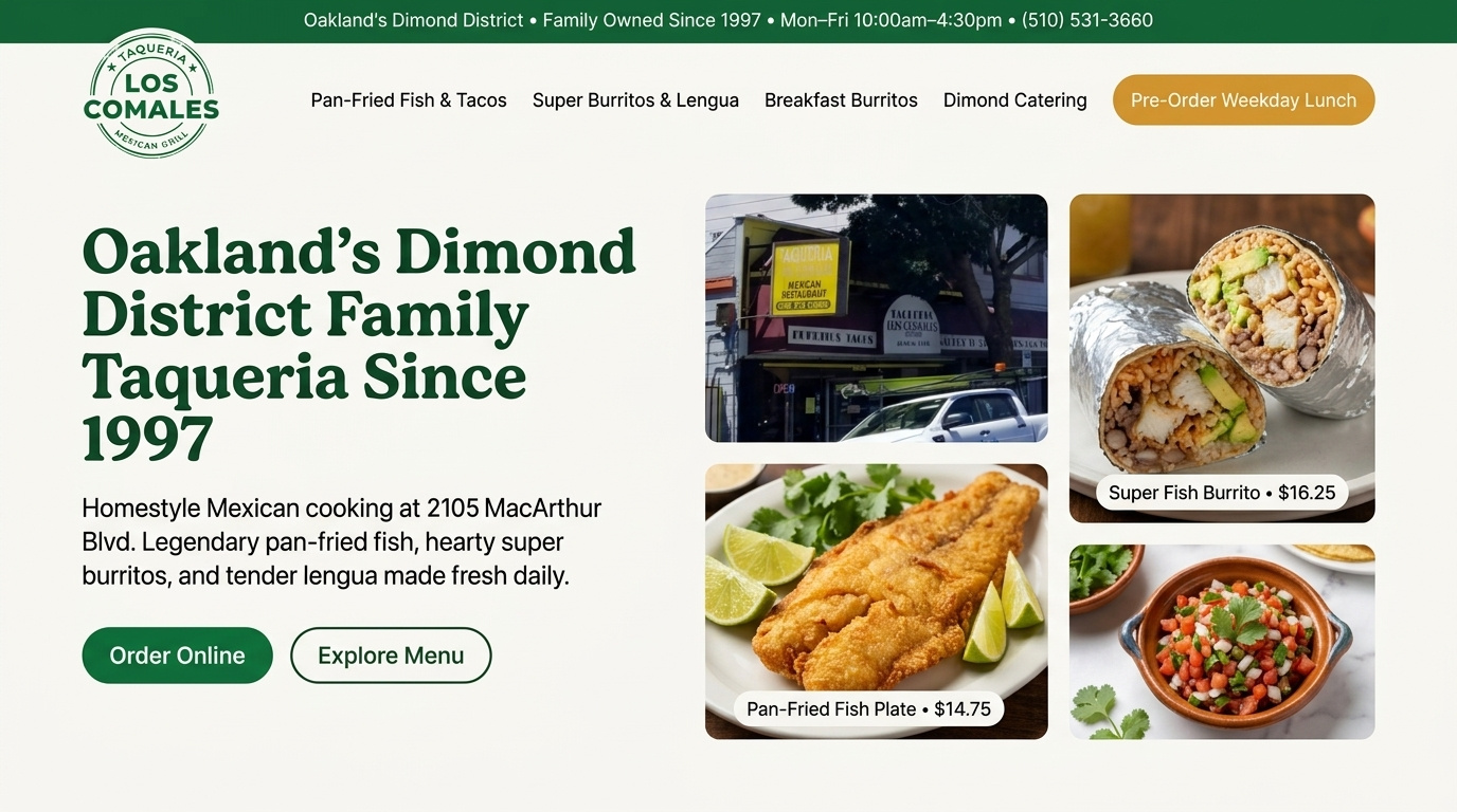 Homepage design for Taqueria Los Comales with order-ahead, menu and catering