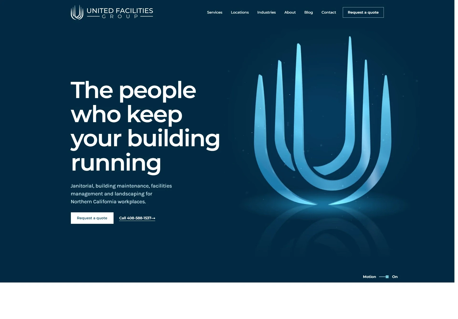 United Facilities Group website rebuilt by Brandcore with a bold headline and Request a quote button